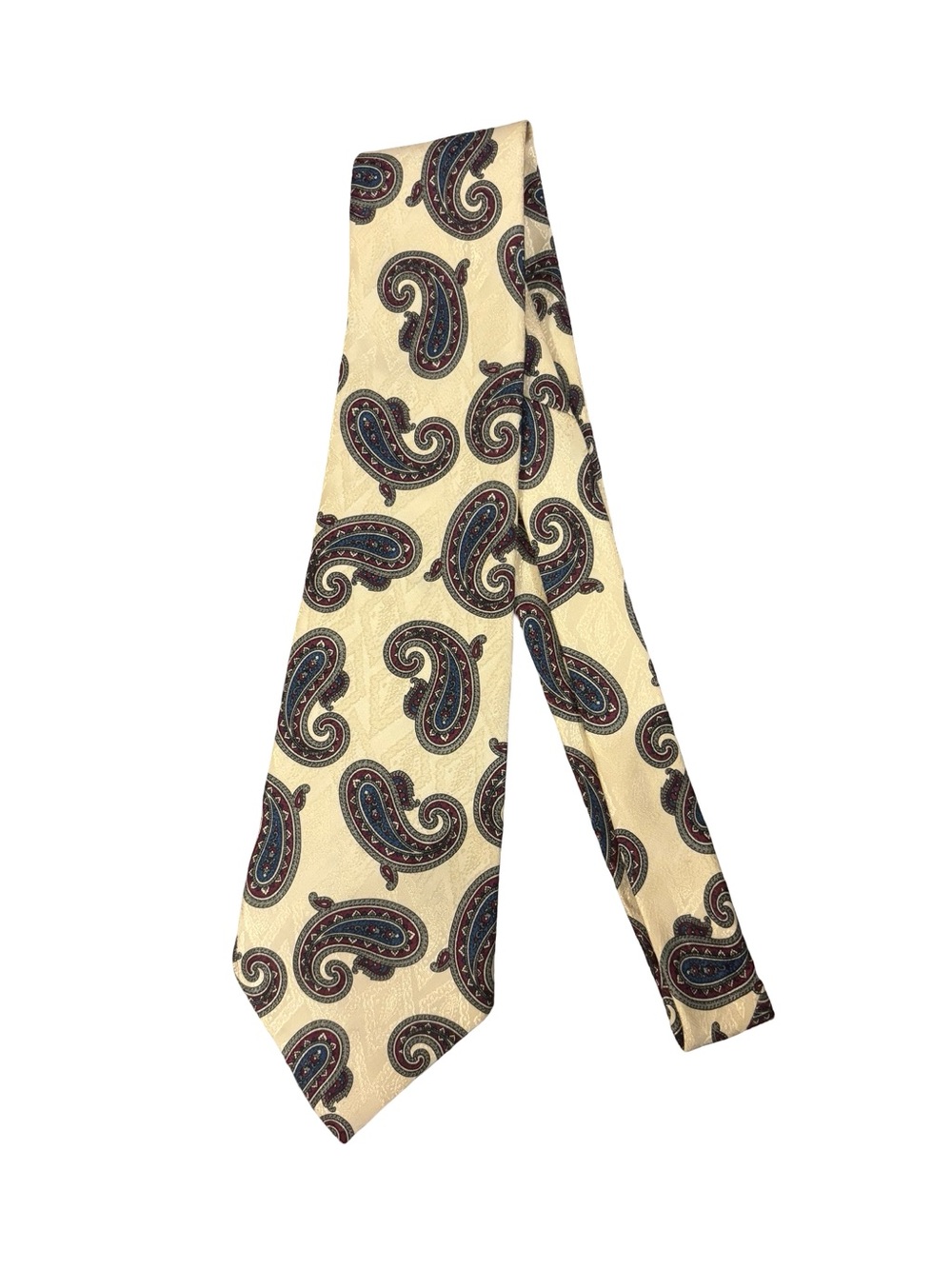 Cream VTG Silk Paisley Retro Boho Men's Tie with Blue & Burgundy Accents